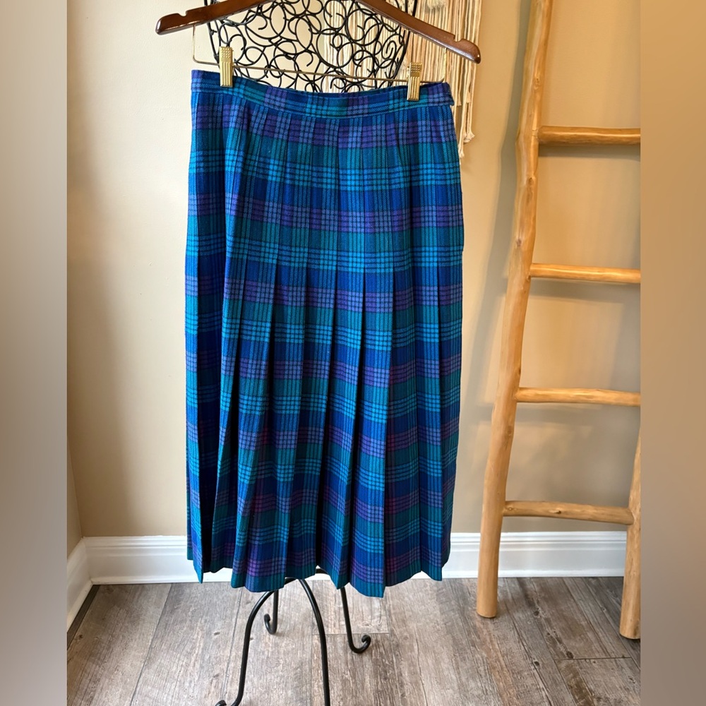 Vintage Pendleton Blue & Purple Tartan Plaid Wool A-Line Skirt